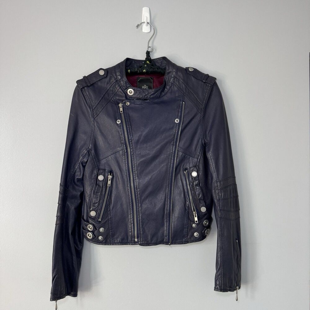 Vintage Blue Purple Lambskin Studded Panel Biker Jacket Sz M Womens Satin Lined